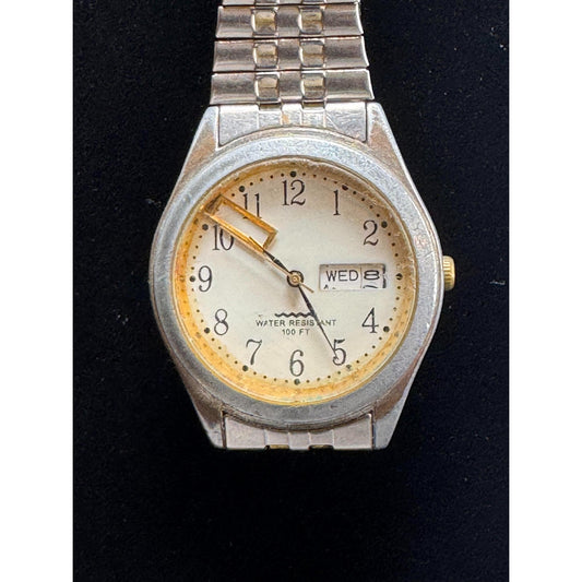 Vintage Men's Day Date Watch - Silver Expansion Band | Two-Tone | 100ft Water Resistant | Japan Movement | PT943 PC33