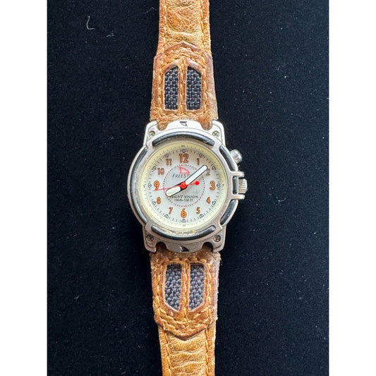 Freestyle Night Vision Watch - Silver Case | Cream Dial | Tan Leather Band | 100ft Water Resistant | Red Hands