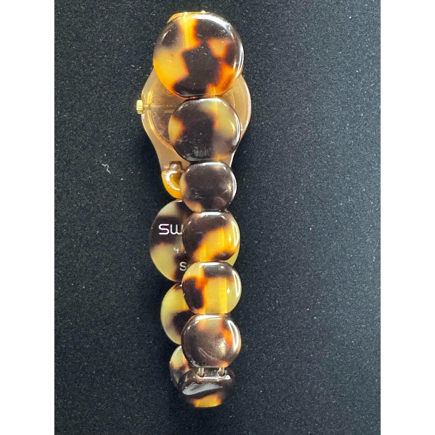 Vintage Swatch Watch - Tortoiseshell Pattern | Black Dial | Gold Numbers | Swiss Made | Plastic Bracelet