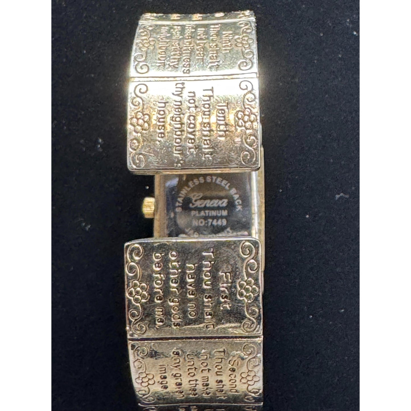 Geneva Inspirational Message Watch - Gold Tone | Rectangle Case | Silver Dial | Stretch Bracelet | Platinum No.7449 | Japan Movement