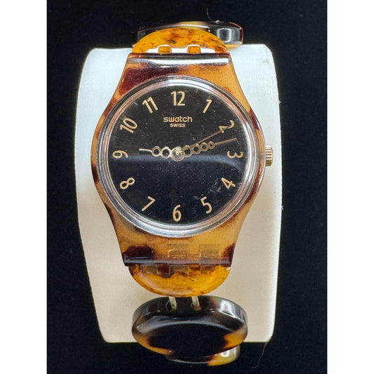 Vintage Swatch Watch - Tortoiseshell Pattern | Black Dial | Gold Numbers | Swiss Made | Plastic Bracelet