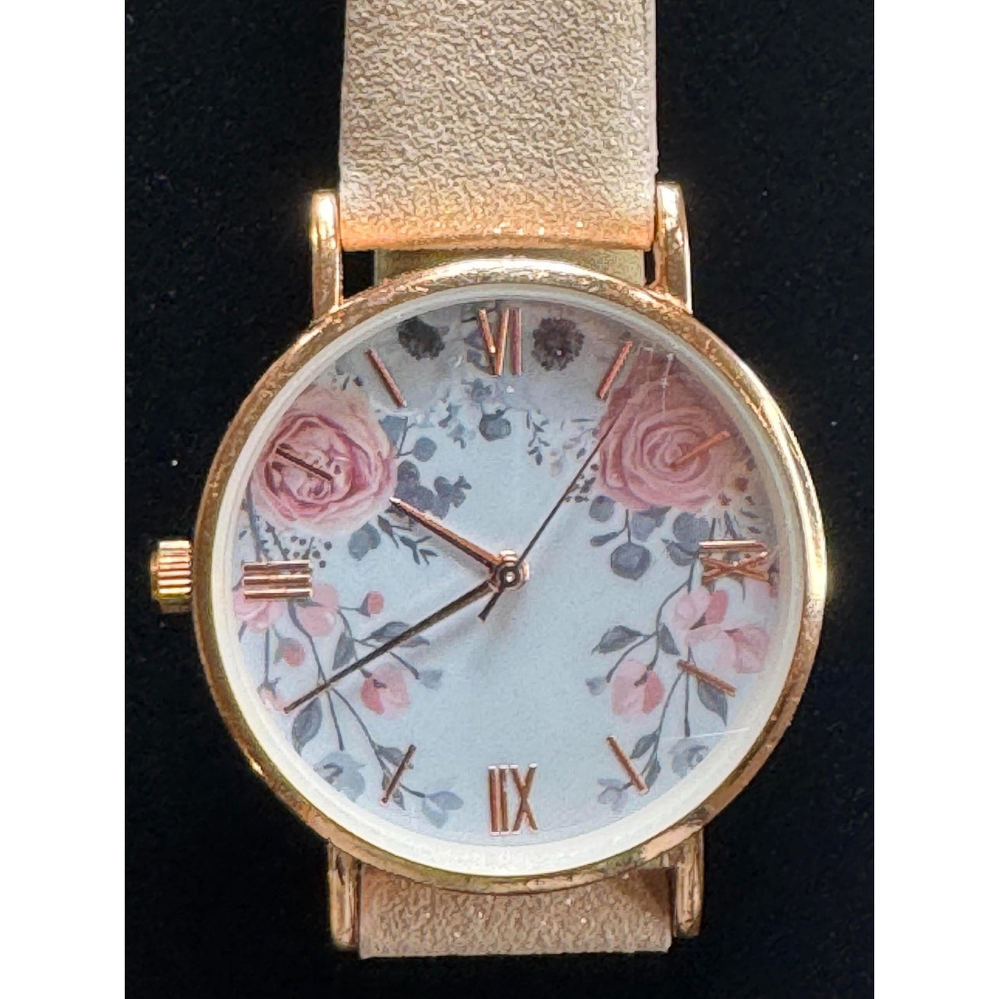 Fashion Floral Watch - Rose Gold Case | Pink Flower Dial | Cream Leather Band | Roman Numerals | Pre-Owned