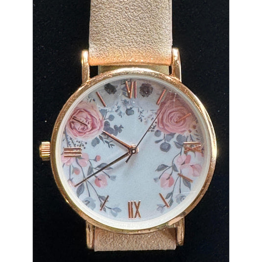Fashion Floral Watch - Rose Gold Case | Pink Flower Dial | Cream Leather Band | Roman Numerals | Pre-Owned