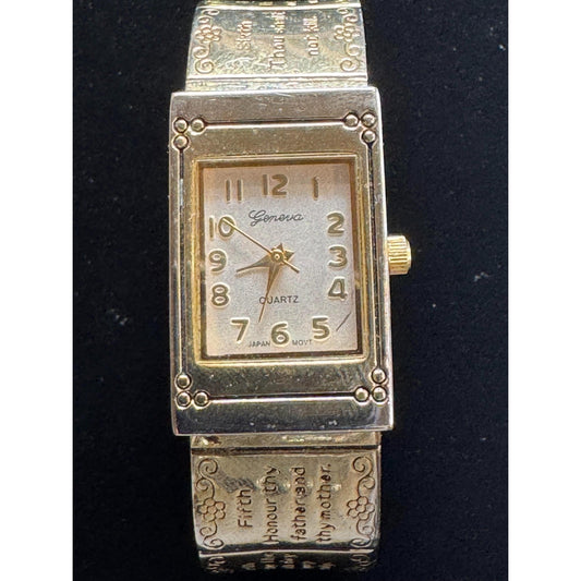 Geneva Inspirational Message Watch - Gold Tone | Rectangle Case | Silver Dial | Stretch Bracelet | Platinum No.7449 | Japan Movement